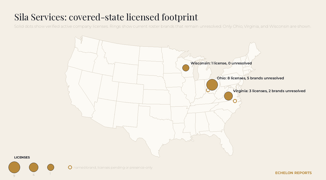 United States map showing eight verified Sila company licenses and five unresolved brands in Ohio, three verified licenses and two unresolved brands in Virginia, and one verified license in Wisconsin.