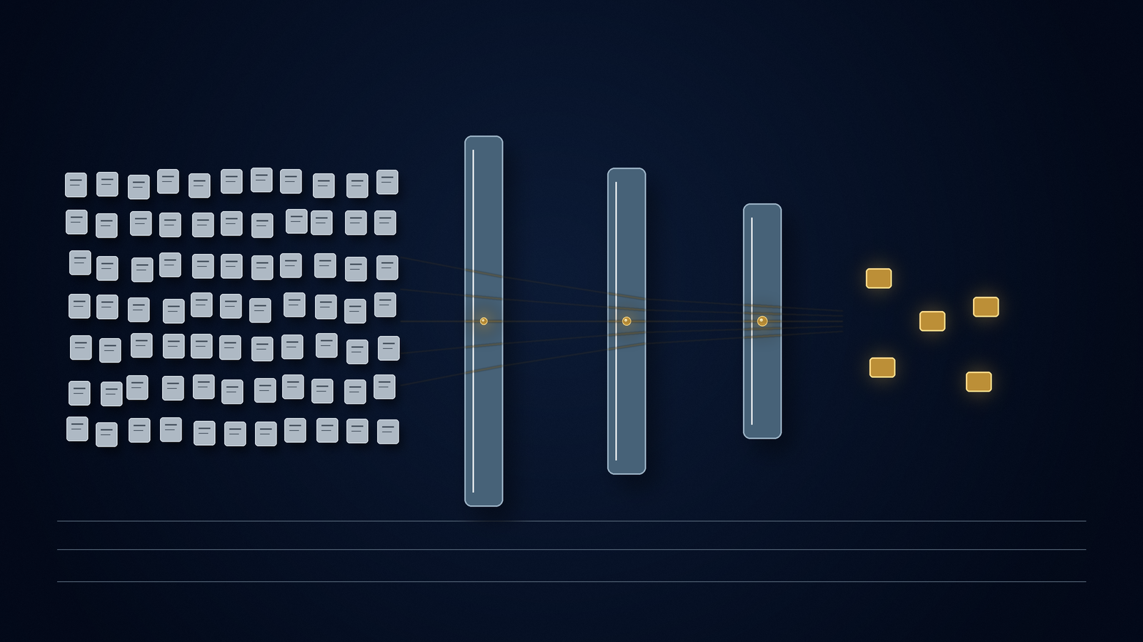 Many raw contractor records passing through successive screens to produce a few usable signals