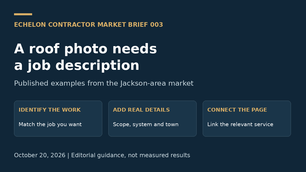 Roofing project page planning: identify the work, document the details and connect the relevant service page. Editorial guidance, not measured results.
