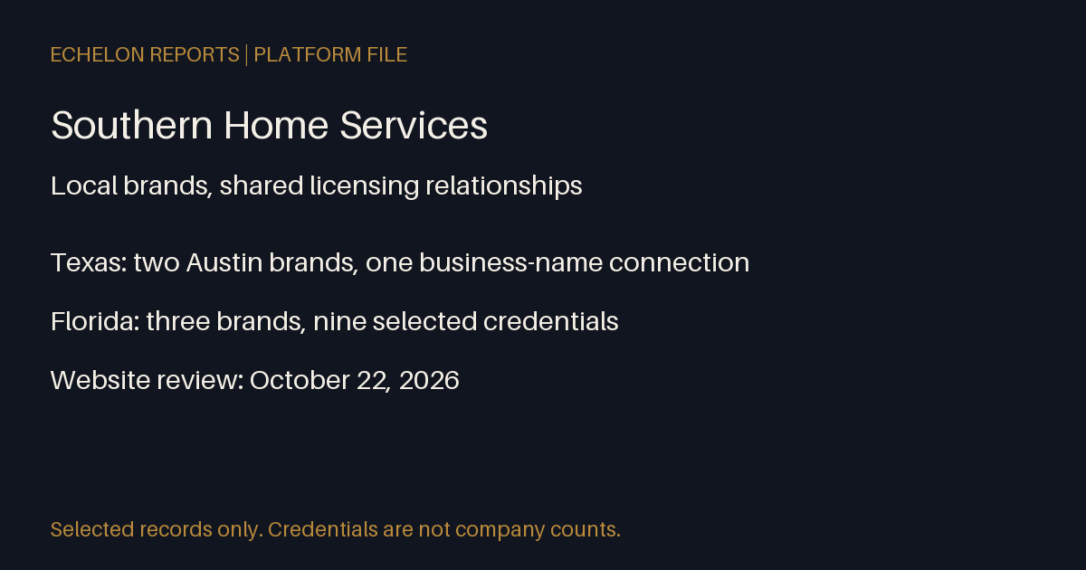 Southern Home Services: selected licensing connections across two Austin brands and three Florida brands