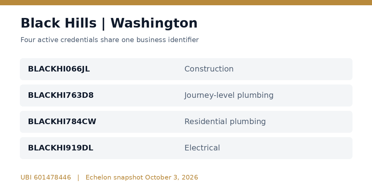 Four active Black Hills Washington contractor credentials under UBI 601478446, October 3, 2026